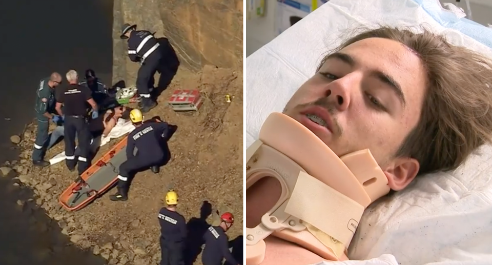 Rescuers prepare a stretcher for Robert Reeves after he fell off 10 metre cliff (left) and now he is in hospital with a neck brace on (right). 