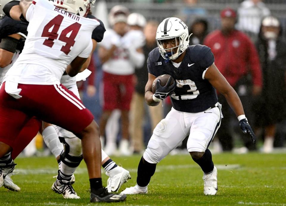 Penn State running back Kaytron Allen cuts down the field with the ball during the game against UMass on Saturday, Oct. 14, 2023.  