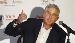 PGA Tour commissioner Jay Monahan holds a live press conference with the media during the season-ending Tour Championship at East Lake Golf Club on Wednesday, Sept. 2, 2020, in Atlanta