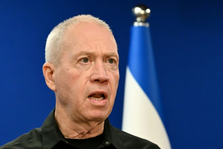 Israel's Defence Minister Yoav Gallant is seen speaking at a news conference (Alberto PIZZOLI)