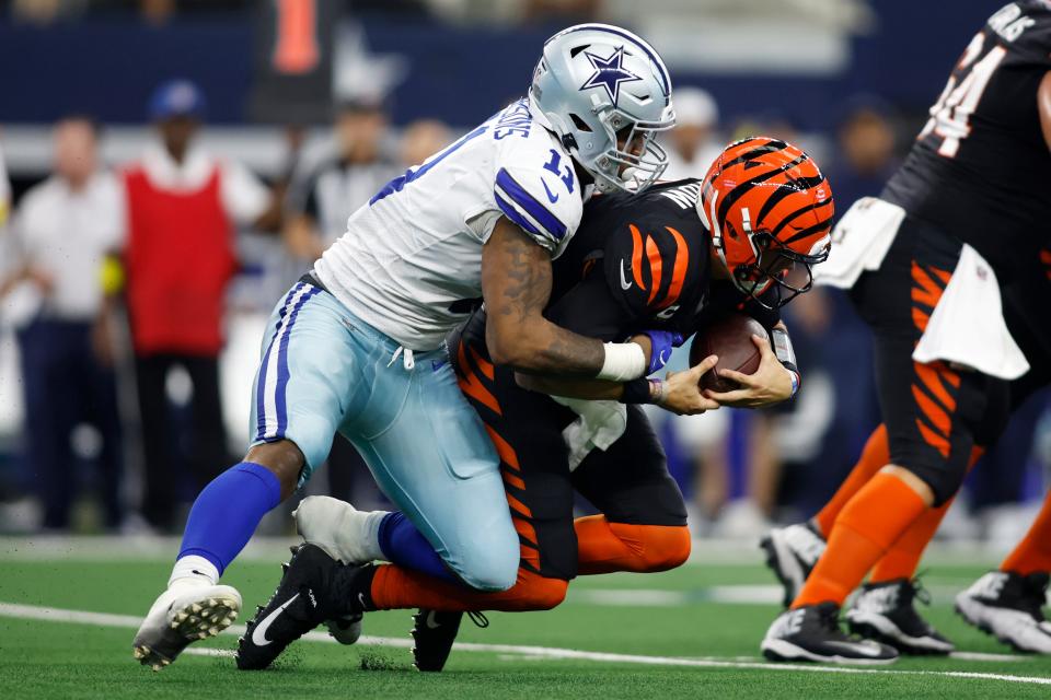 Dallas Cowboys linebacker Micah Parsons sacks Cincinnati Bengals quarterback Joe Burrow.