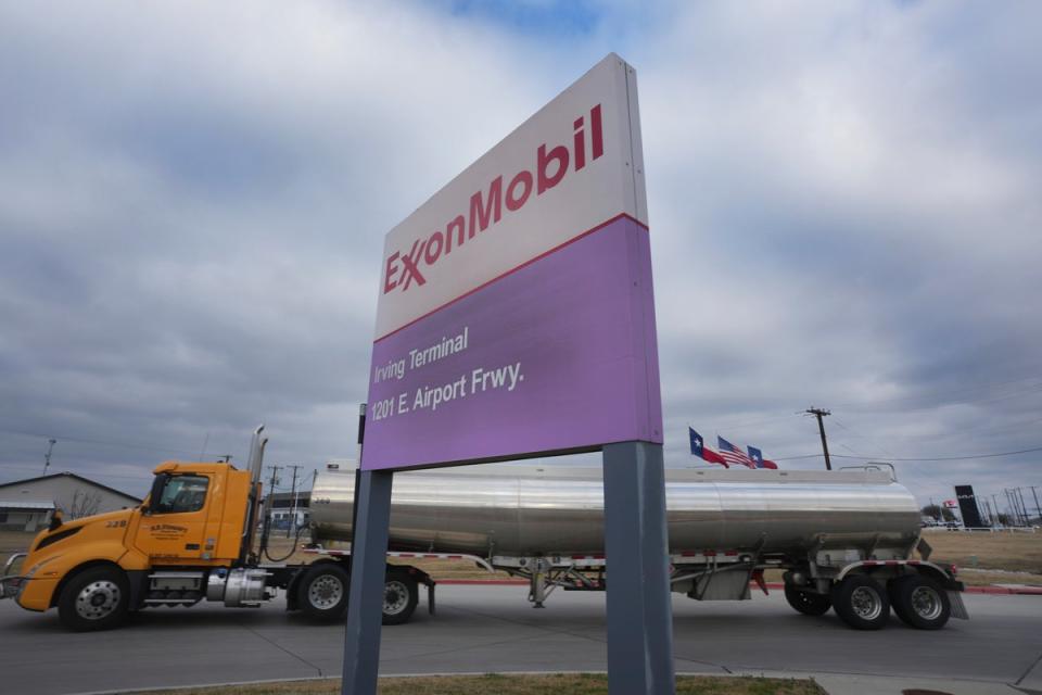 A tanker pulls into an ExxonMobil fuel storage and distribution facility in Irving, Texas (Copyright 2023 The Associated Press. All rights reserved.)