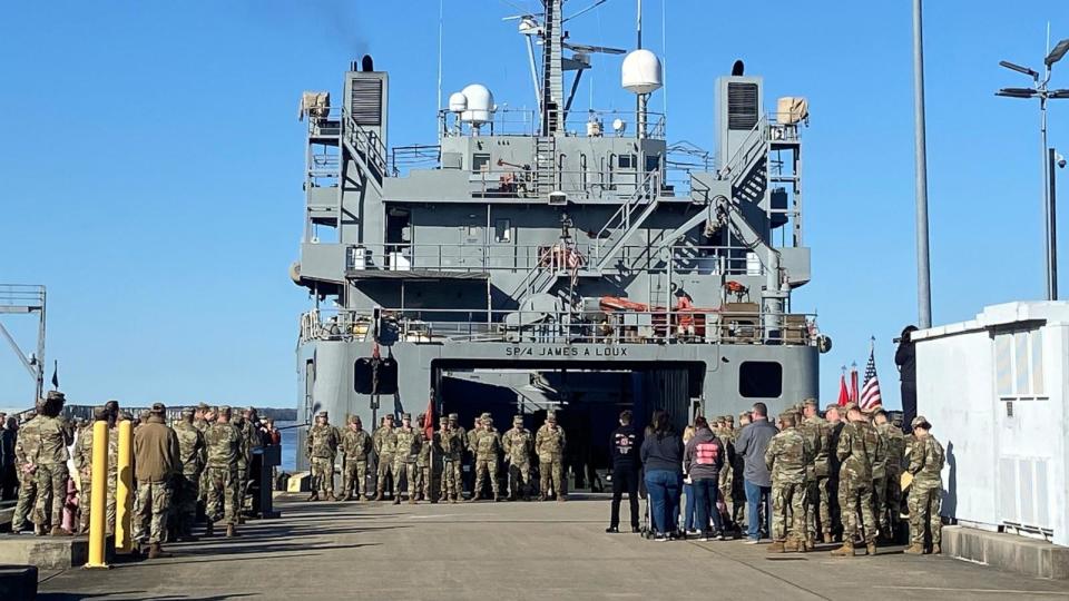 PHOTO: Hundreds of U.S. troops are now enroute to the Mediterranean Sea, including 500 Army soldiers from the 7th Transportation Brigade, who left Mar. 12, 2024, from Newport News, Virginia. (Anne K. Flaherty/ABC News)