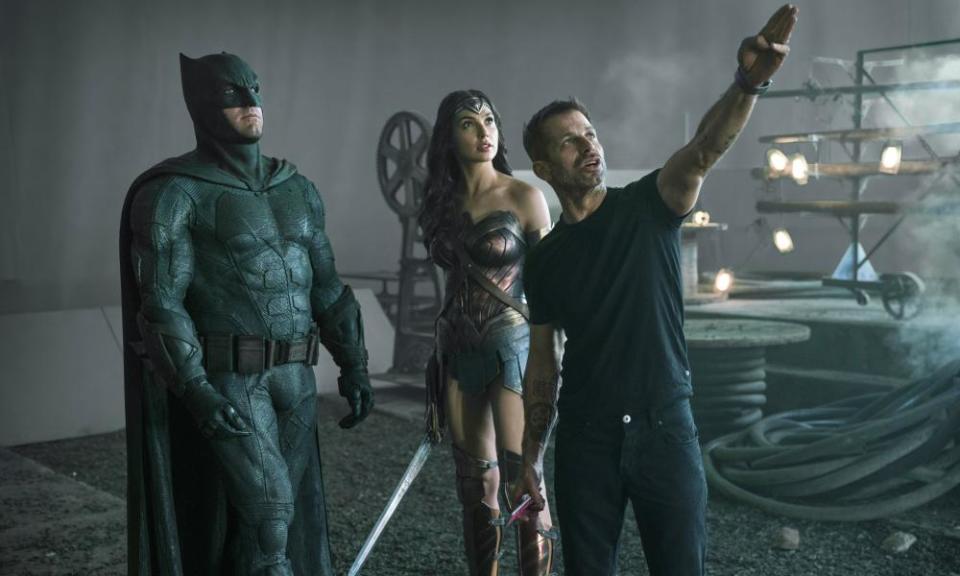 Snyder, right, with Ben Affleck as Batman (left) and Gal Gadot as Wonder Woman on the set of Zack Snyder’s Justice League.