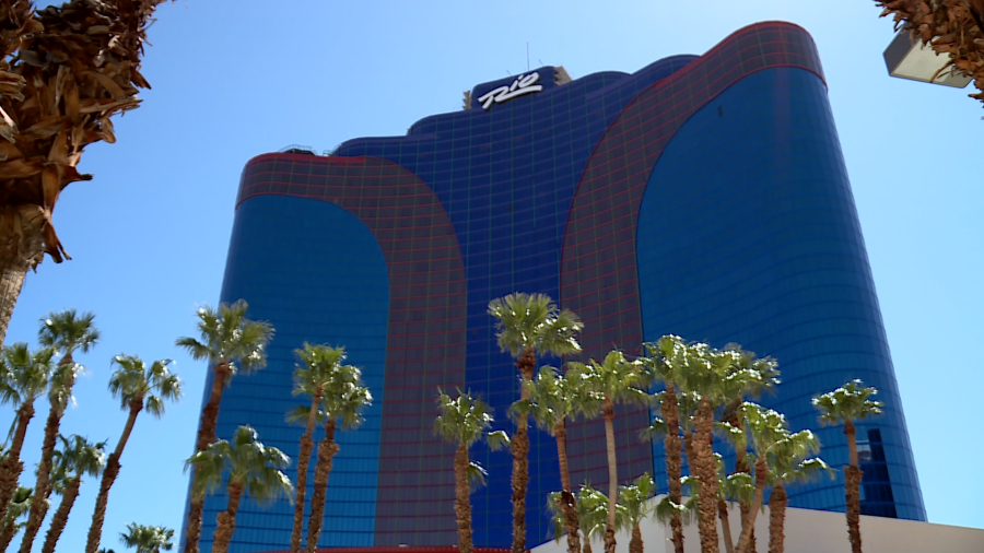 The newly painted and LED light-installed Rio Hotel & Casino, as seen from its pool deck Thursday. (KLAS)