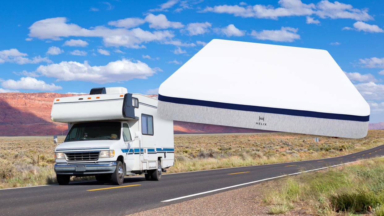  An RV on the road in Utah, with a Helix Midnight mattress overlaid. 