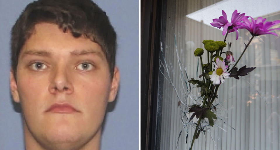 Pictured is Ohio gunman Connor Betts, 24, and flowers sit in a bullet hole where he opened fire. He killed nine people.