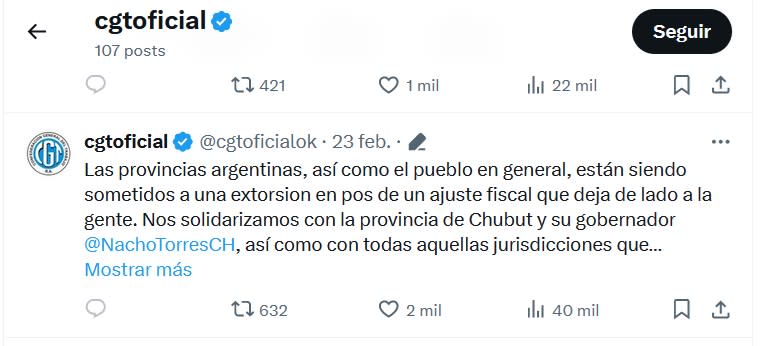 Contundente apoyo de la CGT al gobernador de Chubut en su pelea con Milei