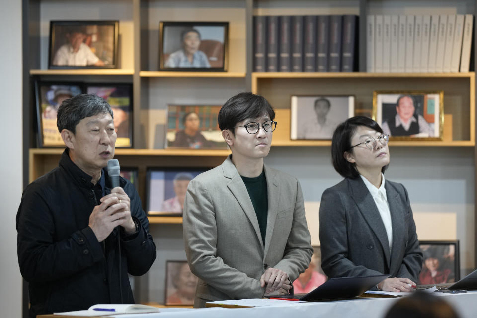 Lim Jae-sung, center, and Kim Yeonghwan from the Center for Historical Truth and Justice, left, attend a news conference at the museum of Japanese Colonial History in Korea, in Seoul, South Korea, Monday, March 6, 2023. South Korea took a step toward improving ties with historical rival Japan by announcing a plan to raise local civilian funds to compensate Koreans who won damages against Japanese companies that enslaved them during Tokyo’s 35-year colonial rule. “Basically, the money of South Korean companies would be used to erase the forced laborers’ rights to receivables,” Lim, a lawyer who represented some of the plaintiffs, wrote on Facebook. (AP Photo/Lee Jin-man)