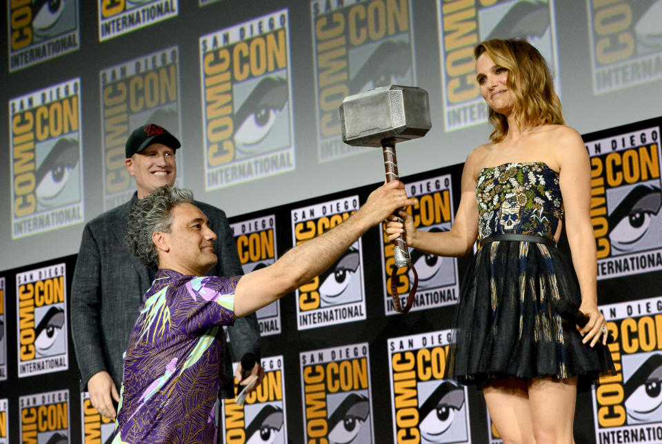 SAN DIEGO, CALIFORNIA - JULY 20: (L-R) Kevin Feige, Taika Waititi and Natalie Portman speak at the Marvel Studios Panel during 2019 Comic-Con International at San Diego Convention Center on July 20, 2019 in San Diego, California. (Photo by Albert L. Ortega/Getty Images)