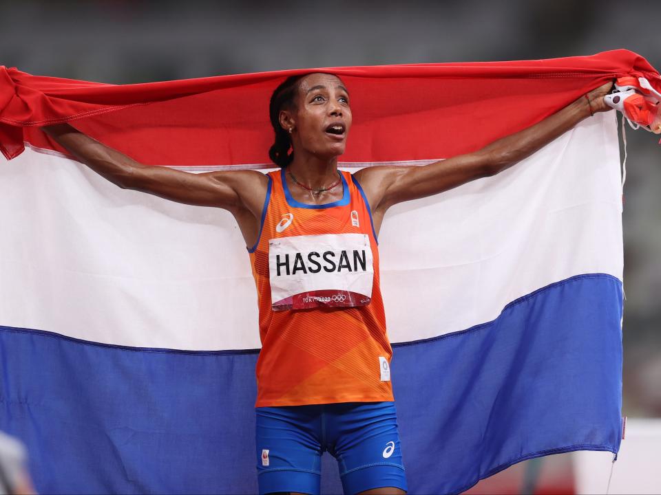 Sifan Hassan of Team Netherlands celebrates her victory (Getty)