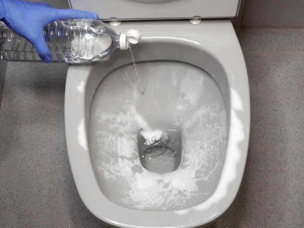 toilet bowl cleaning, the toilet bowl is filled with baking soda and vinegar is poured from a bottle