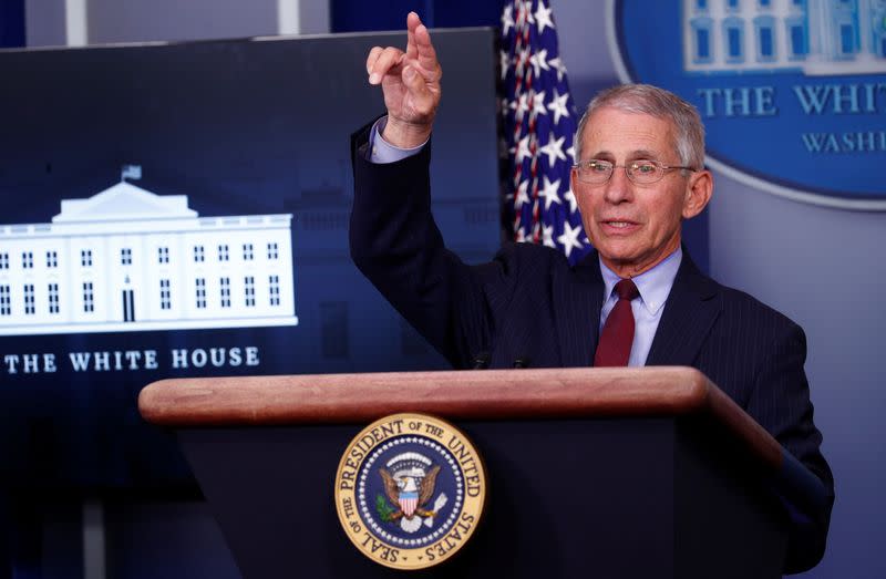 Dr. Anthony Fauci addresses the daily coronavirus response briefing at the White House in Washington