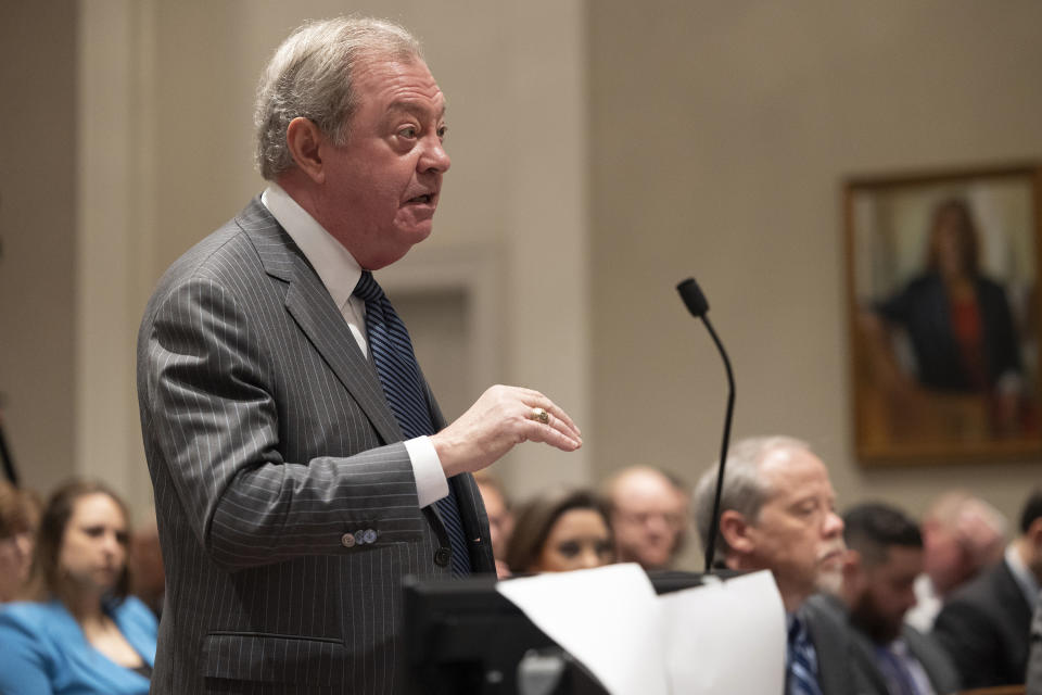 Defense attorney Dick Harpootlian expresses his gratitude to workers at the Colleton County Courthouse before Alex Murdaugh's trial for murder resumes on Tuesday, Jan. 31, 2023 in Walterboro, S.C. Murdaugh, 54, is standing trial on two counts of murder in the shootings of his 52-year-old wife and 22-year-old son. Murdaugh faces 30 years to life in prison if convicted. (Joshua Boucher/The State via AP, Pool)