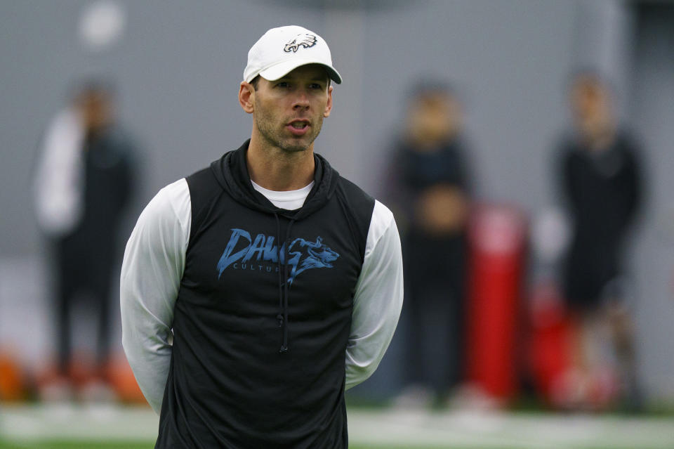 FILE - Philadelphia Eagles defensive coordinator Jonathan Gannon watches during NFL rookie football minicamp on May 6, 2022, in Philadelphia. The Arizona Cardinals have agreed to hire Gannon to be their next head coach, a person familiar with the decision told The Associated Press. The person spoke on condition of anonymity Tuesday, Feb. 14. 20243, because the deal hasn’t been completed (AP Photo/Christopher Szagola, File)