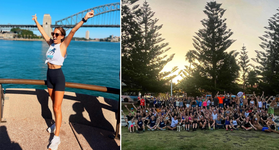 Tara Meakins in front of the Sydney Harbour Bridge (left) and the Coogee Run Club in Coogee (right). 