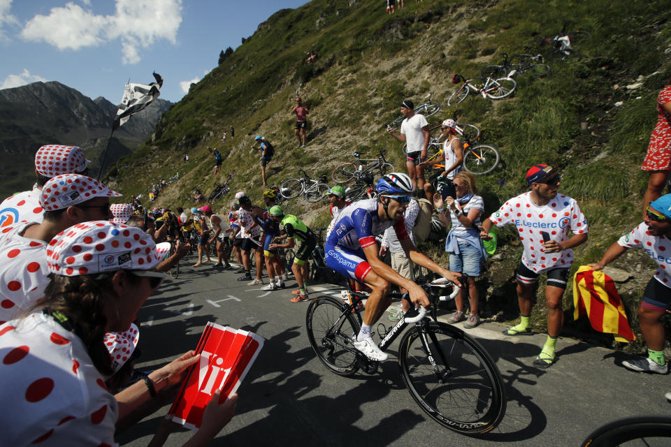 France's Thibaut Pinot climbs the Tourmalet pass during the fourteenth stage of the Tour de France cycling race over 117.5 kilometers (73 miles) with start in Tarbes and finish at the Tourmalet pass, France, Saturday, July 20, 2019. (AP Photo/ Christophe Ena)