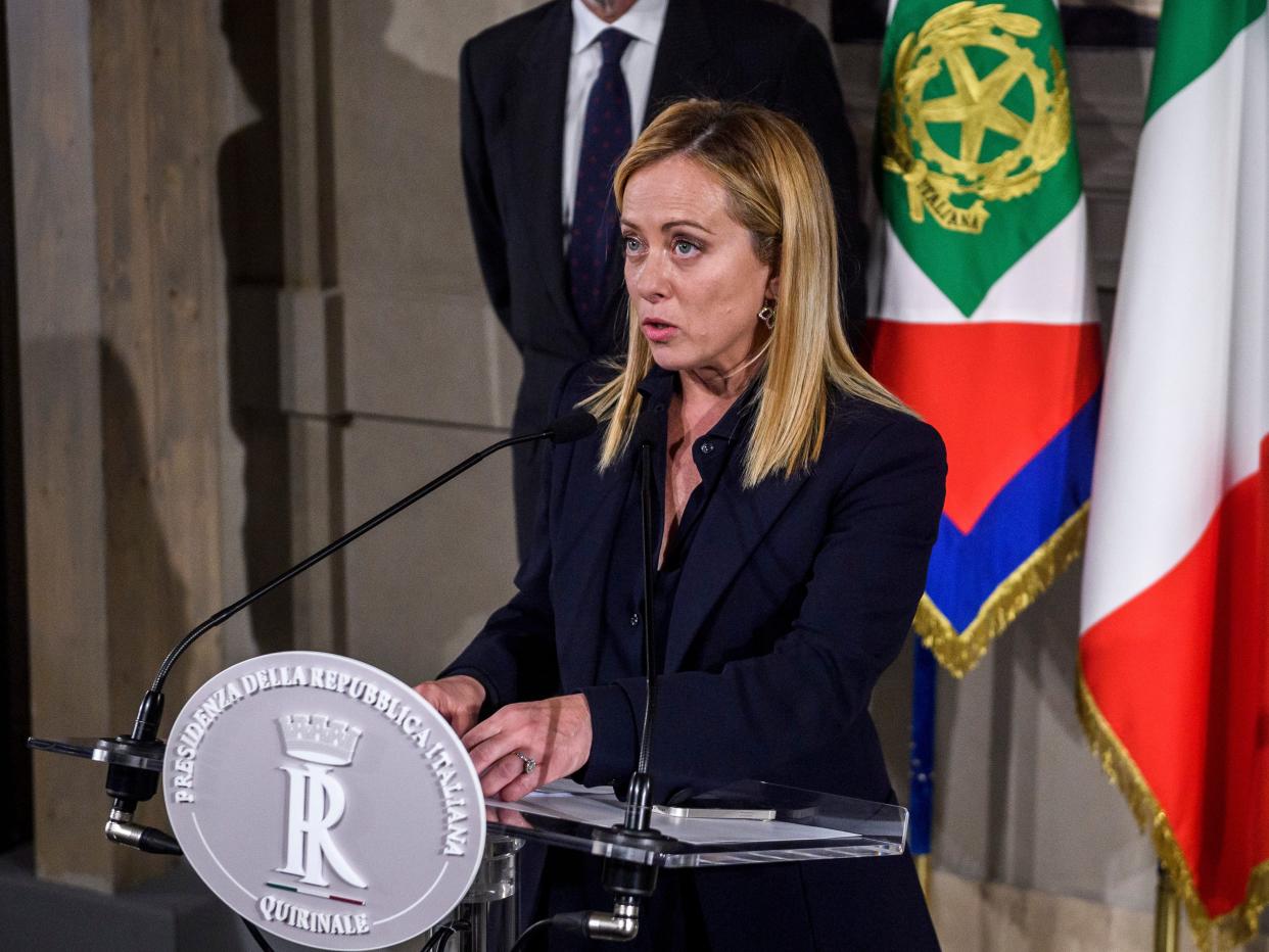 Giorgia Meloni, Fratelli d’Italia (Brothers of Italy) leader speaks to the media after being appointed Prime Minister by the Italian President Sergio Mattarella during the second day of consultations at Quirinale Palace, on October 21, 2022 in Rome, Italy