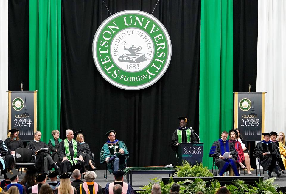 Michael T. Davis speaks at the Stetson Convocation ceremony at Stetson University in August. The DeLand school was named the No. 4 best regional university in the South in the latest U.S. News & World Report rankings.