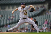 Milwaukee Brewers pitcher Brandon Woodruff throws against the Detroit Tigers in the third inning of a baseball game in Detroit, Wednesday, Sept. 15, 2021. (AP Photo/Paul Sancya)