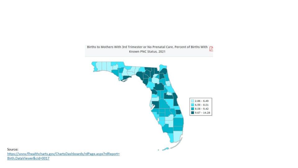 The percentage of Florida women who get late prenatal care or no prenatal care varies from county to county.