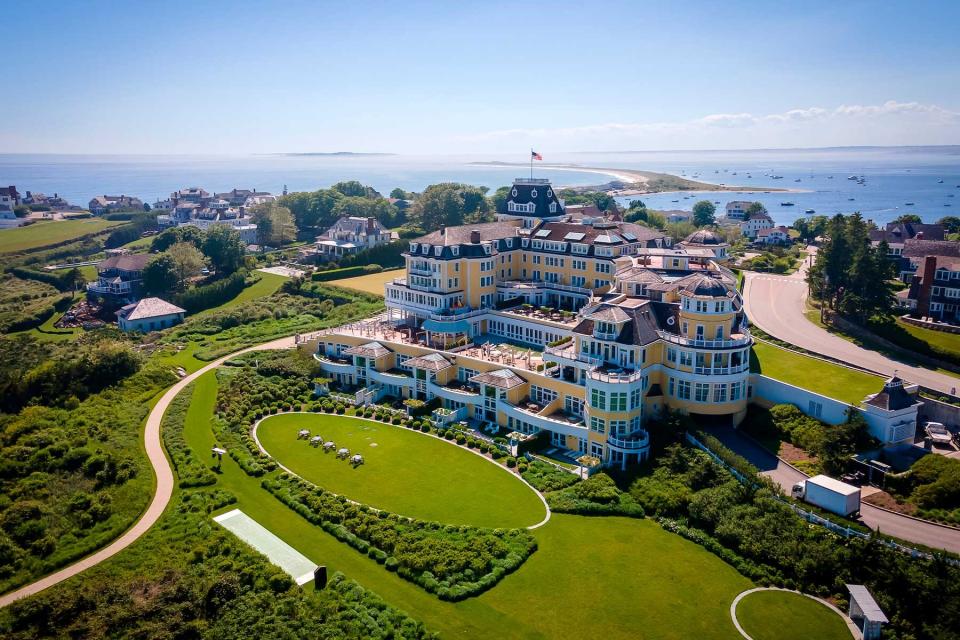 Aerial view of the yelloe exterior of Ocean House hotel in Rhode Island