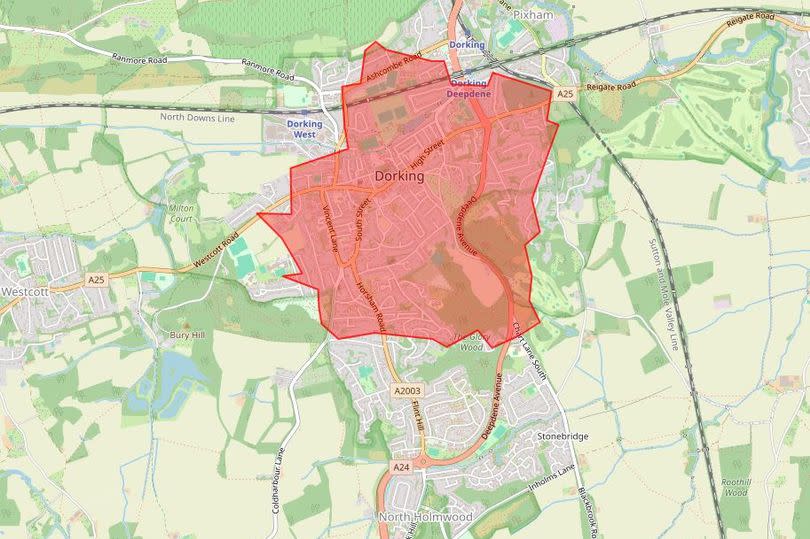 The Glastonbury Festival site would cover the majority of Dorking -Credit:OpenStreetMap / Geoffrey Prytherch