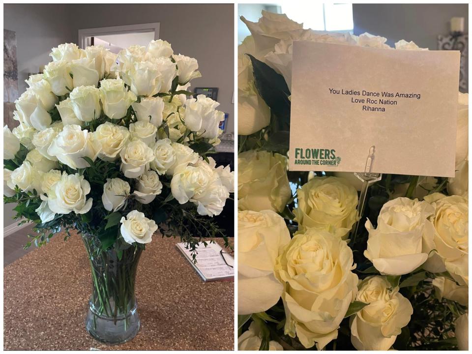 A bouquet of white roses sent to Arcadia Senior Living from Rihanna.