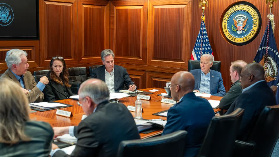 US President Joe Biden meets with members of the National Security team regarding the attacks on Israel on Saturday in the White House Situation Room. - Adam Schultz/The White House