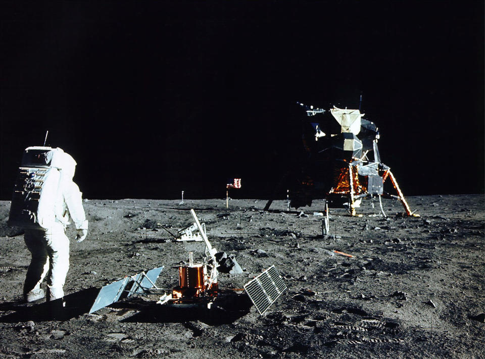 Astronaut Edwin E. Aldrin Jr., Apollo 11 Lunar Module Pilot, stands near a scientific experiment on the lunar surface. | NASA/Getty Images