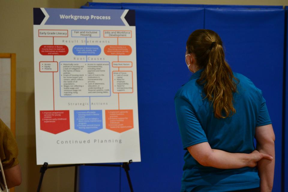 Boonie Yantzi of Fun City Youth Academy reviews a poster Tuesday of the process used by workgroups to form the county's Upward Mobility Action Plan. 