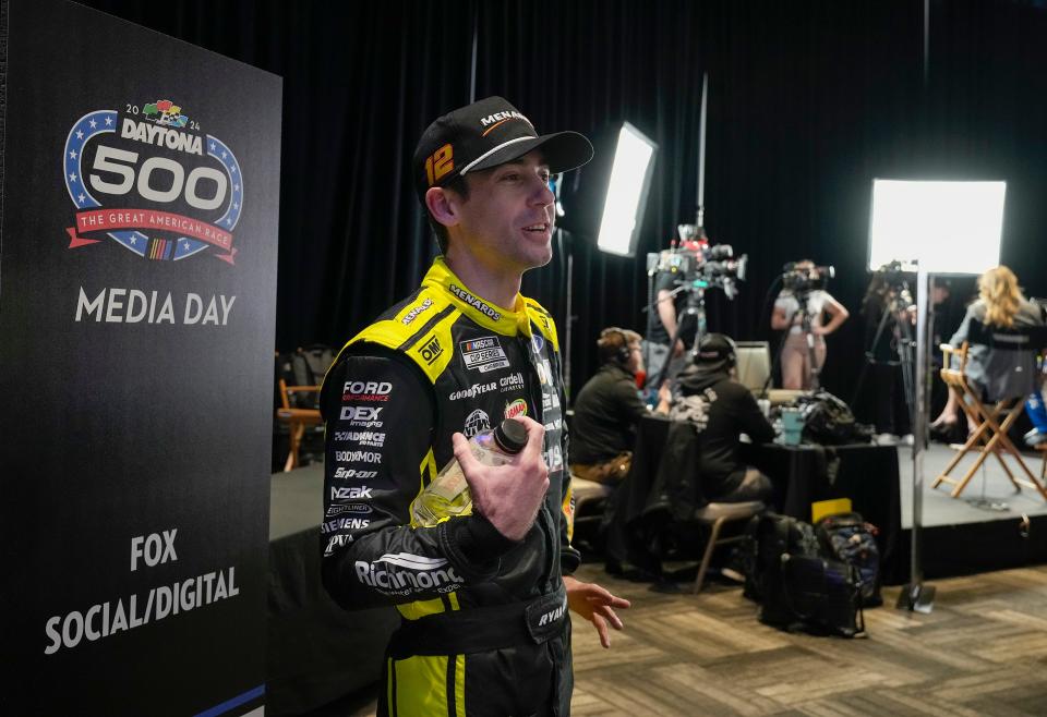 NASCAR Champion Ryan Blaney answers questions from the media during Media Day at Daytona International Speedway, Wednesday, Feb. 14, 2024.