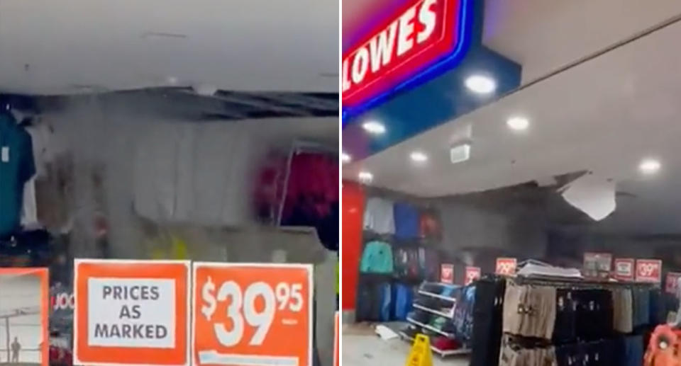 The roof at the Lowes store in the Toormina Shopping Centre collapsing.