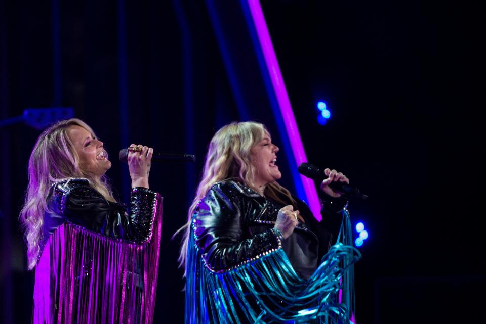 Miranda Lambert and Elle King sing together at the Grand Ole Opry House during the filming of their performance at the 56th Academy of Country Music Awards on Saturday, April 17, 2021 in Nashville, Tenn.