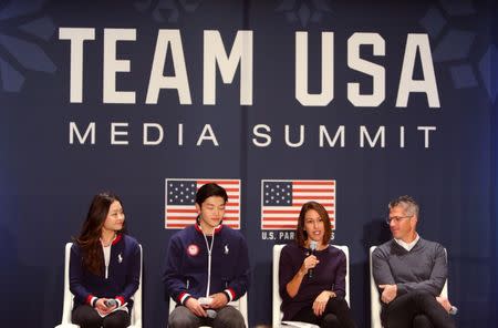 Sep 26, 2017; Park City, UT, USA; From left LA 2028 athlete advisory commission members Maia Shibutani , Alex Shibutani and LA 2028 vice chair Janet Evans and chairman Casey Wasserman speak during the 2018 U.S. Olympic Summit at Grand Summit Hotel. Mandatory Credit: Jerry Lai-USA TODAY Sports