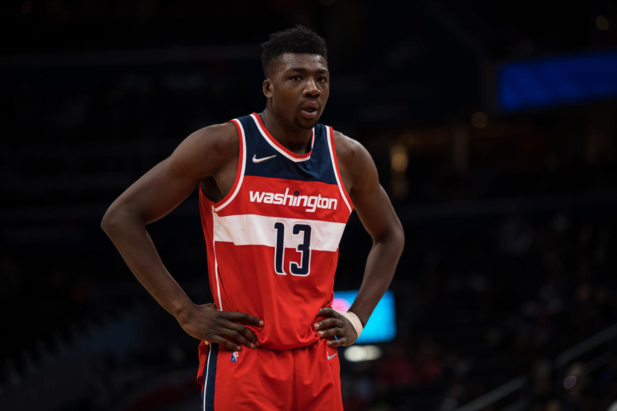 Thomas Bryant of the Washington Wizards looks on after a play against the Detroit Pistons at Capital One Arena in Washington, D.C., on March 1, 2022. (Scott Taetsch/Getty Images)