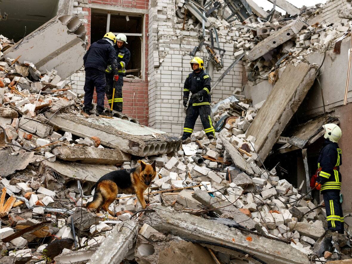 A dog stands on a pile of rubble as rescuers work at the site of a destroyed building following deadly Russian missile strikes, in Chernihiv, Ukraine, on Wednesday. (Valentyn Ogirenko/Reuters - image credit)