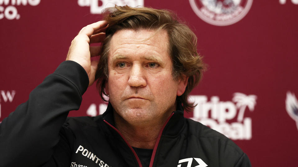 Pictured here, Manly coach Des Hasler fronts media at an NRL press conference.