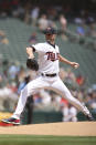 Minnesota Twins pitcher J.A. Happ throws against the Cleveland Indians during the first inning of a baseball game, Sunday, June 27, 2021, in Minneapolis. (AP Photo/Stacy Bengs)