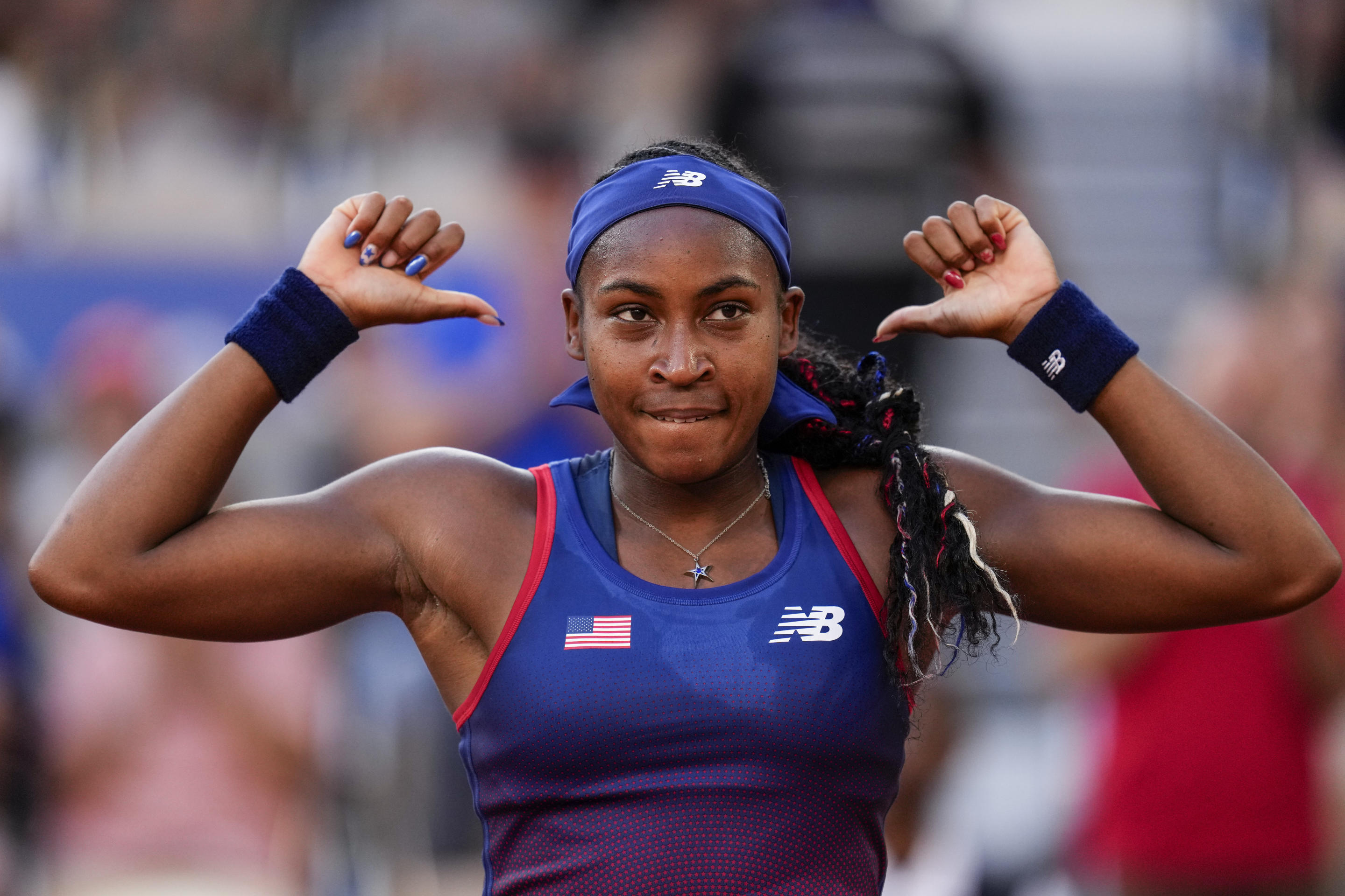 Coco Gauff of United States celebrates her victory over Ajla Tomljanovic of Australia during the women's singles tennis competition. 