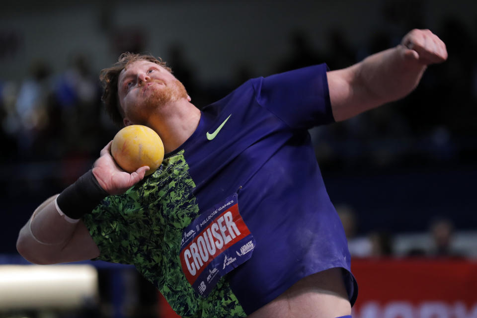 FILE—Ryan Crouser competes during the Men's Shot Put at the Millrose Games track and field meet in this file photograph taken Saturday, Feb. 8, 2020, in New York. Crouser, an OIlympic champion in the shot put, will try to break the world indoor record that he just set last weekend in an event in the American Track League during a session of the league this weekend. (AP Photo/Adam Hunger, File)