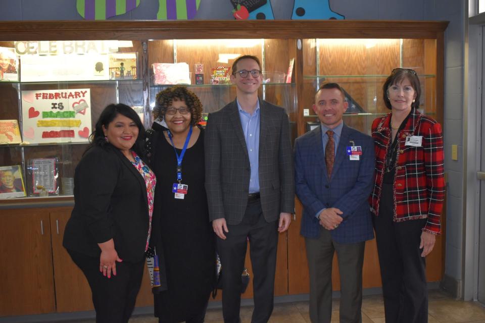 Southern Hills Elementary School Principal Amanda Garcia, from left to right, Wichita Falls ISD Place 2 Trustee Diann Scroggins, Texas Education Commissioner Mike Morath, Dr. Donny Lee, WFISD superintendent, and School Board President Katherine McGregor took a moment for a photo during Morath's visit to the school on Tuesday, Feb. 20, 2024.