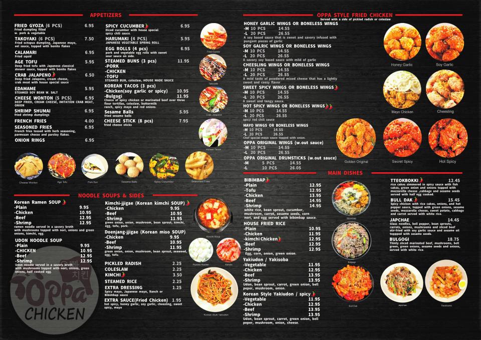 The menu for Oppa Chicken features Korean fried chicken and other Korean dishes.