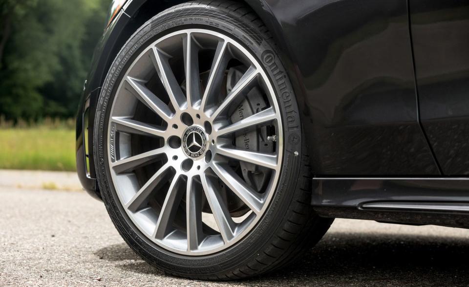 <p>High-performance summer tires on optional 19-inch wheels helped our C300 coupe test car circle the skidpad with 0.91 g of lateral grip and stop from 70 mph in 163 feet.</p>