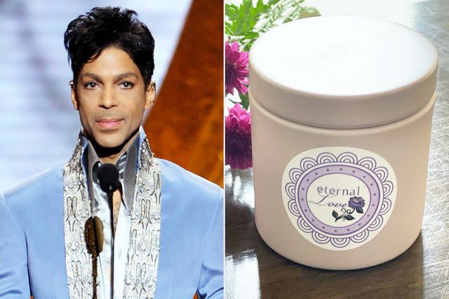 <p>Michael Caulfield/WireImage; ShopMayte.com</p> Mayte Garcia's candle Eternal Love, which she says smelled like Prince.
