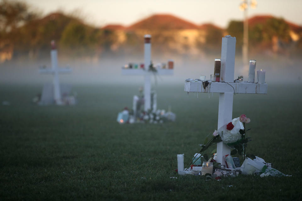 Crosses for victims of the mass shooting at Marjory Stoneman Douglas High School, in Parkland, Florida.&nbsp; (Photo: Mark Wilson via Getty Images)