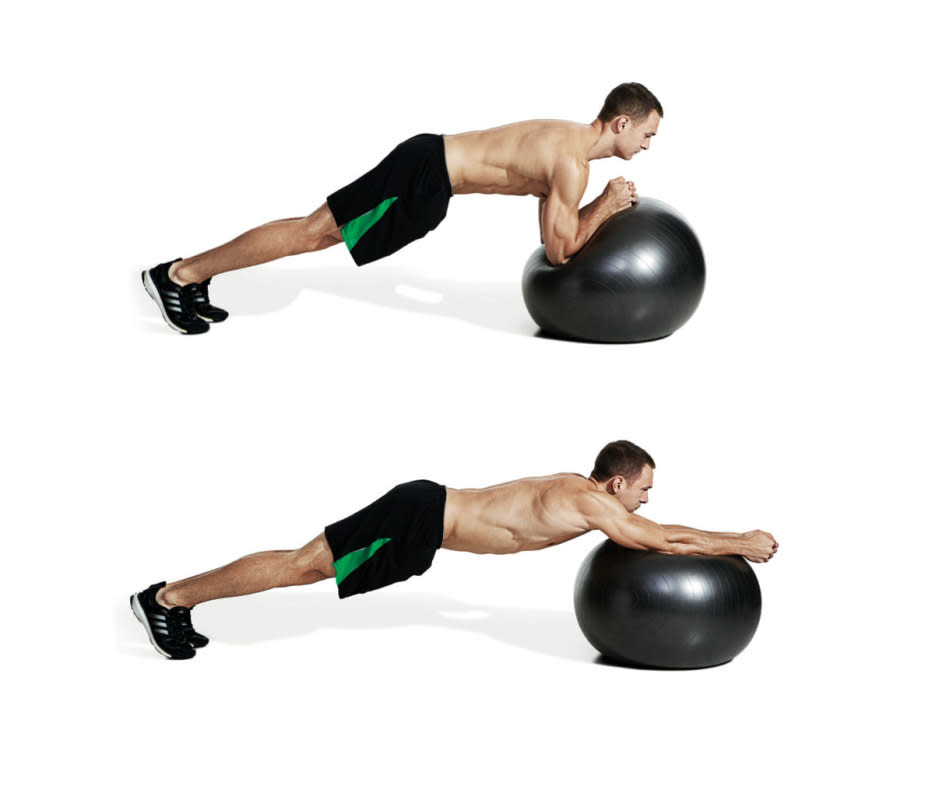 How to do it<p> <strong>View the <a href="https://www.mensjournal.com/health-fitness/best-abs-exercises" rel="nofollow noopener" target="_blank" data-ylk="slk:original article;elm:context_link;itc:0;sec:content-canvas" class="link ">original article</a> to see embedded media.</strong> </p><ol><li>Rest your forearms on the <a href="https://www.amazon.com/Exercise-LuxFit-Premium-EXTRA-Warranty/dp/B010GB7FDC/ref=as_li_ss_tl?s=sporting-goods&ie=UTF8&qid=1522860017&sr=1-3&keywords=swiss+ball&linkCode=ll1&tag=mens_journal-20&linkId=db6bd90826a7dbeecd437a4cc0b7911b" rel="nofollow noopener" target="_blank" data-ylk="slk:Swiss ball;elm:context_link;itc:0;sec:content-canvas" class="link ">Swiss ball</a> and extend your legs behind you.</li><li>Brace your abs and roll the ball forward as you extend your arms and hips.</li><li>When you feel you’re about to lose tension in your abs, roll yourself back.</li></ol><p><em>Get the gear: <a href="https://www.amazon.com/Exercise-LuxFit-Premium-EXTRA-Warranty/dp/B010GB7FDC/ref=as_li_ss_tl?s=sporting-goods&ie=UTF8&qid=1522858290&sr=1-3&keywords=Swiss+ball&linkCode=ll1&tag=mens_journal-20&linkId=e76d1635d4d8250416def825dfa29d28" rel="nofollow noopener" target="_blank" data-ylk="slk:LuxFit Exercise Ball;elm:context_link;itc:0;sec:content-canvas" class="link ">LuxFit Exercise Ball</a></em></p>