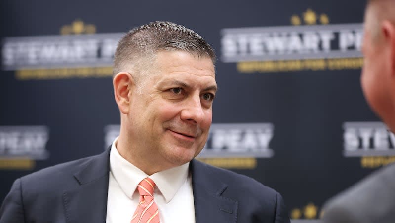 Republican 3rd Congressional District candidate Stewart Peay speaks with attendees at the Lincoln Day GOP fundraising dinner at UVU in Orem on Saturday, March 16, 2024.