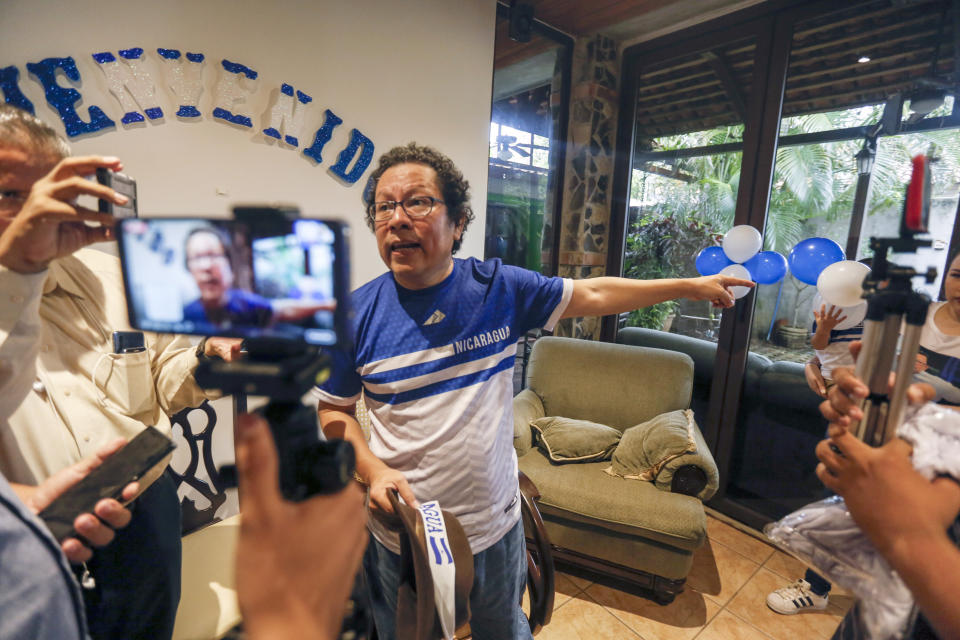 FILE - Nicaraguan journalist Miguel Mora speaks to the press after his release from prison, at his home in Managua, Nicaragua, June 11, 2019. A judge in Nicaragua convicted Mora, a former presidential hopeful, of “conspiracy to undermine national integrity” after a trial lasting a few hours, on Friday, Feb. 4, 2022. (AP Photo/Alfredo Zuniga, File)