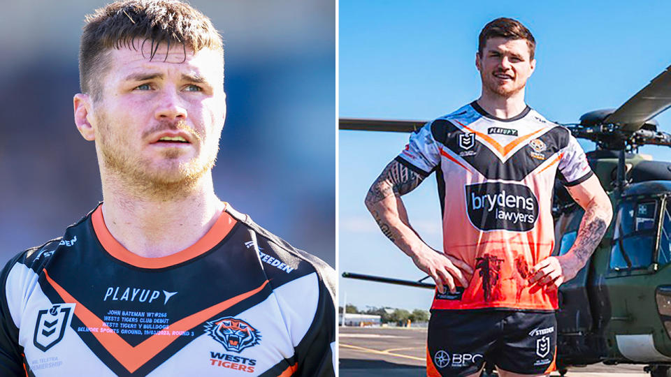 Pictured right, English Wests Tigers star John Bateman promoting the NRL club's controversial Anzac jerseys.
